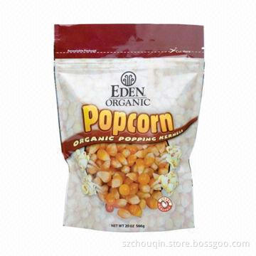 Stand-up Plastic Food Bag with Zipper for Popcorn, Tear Notch and Bottom Gusset
